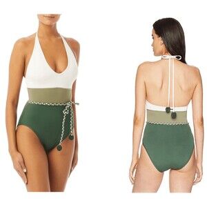 VINCE CAMUTO Women's Halter Colorblock V Plunge One Pieve Swimsuit 4 Palm Green